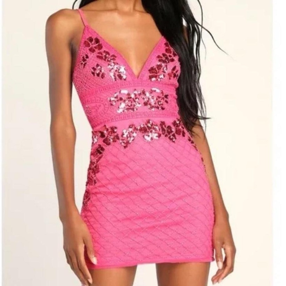 Lulu’s Divine Decoration Hot Pink Beaded Sequin Bodycon Mini Dress NWT